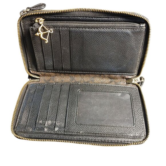 Coach Black Leather Zip Wallet Double Gold Tone Hardware Card Slots ID Window - Picture 3 of 14